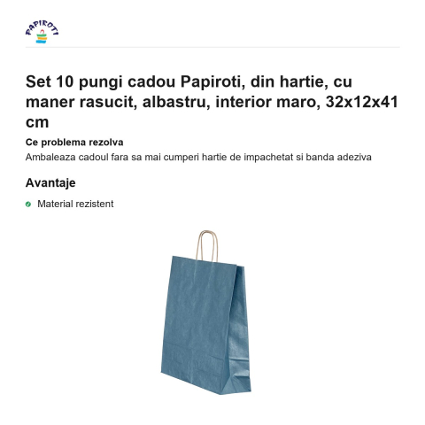 Set 10 pungi cadou Papiroti, din hartie, cu maner rasucit, albastru, interior maro, 32x12x41 cm [1]