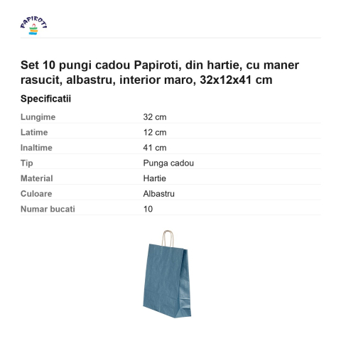 Set 10 pungi cadou Papiroti, din hartie, cu maner rasucit, albastru, interior maro, 32x12x41 cm [2]