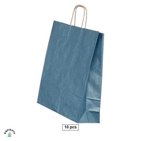 Ambalaje cadouri - Set 10 pungi cadou Papiroti, din hartie, cu maner rasucit, albastru, interior maro, 32x12x41 cm