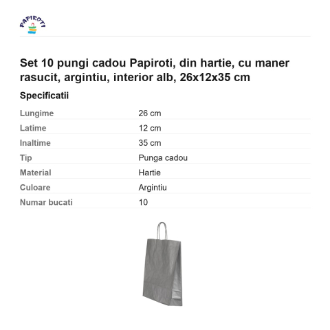 Set 10 pungi cadou Papiroti, din hartie, cu maner rasucit, argintiu, interior alb, 26x12x35 cm [2]