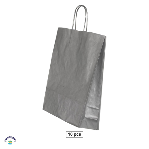 Ambalaje cadouri - Set 10 pungi cadou Papiroti, din hartie, cu maner rasucit, argintiu, interior alb, 32x12x41 cm