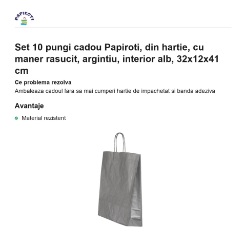 Set 10 pungi cadou Papiroti, din hartie, cu maner rasucit, argintiu, interior alb, 32x12x41 cm [1]