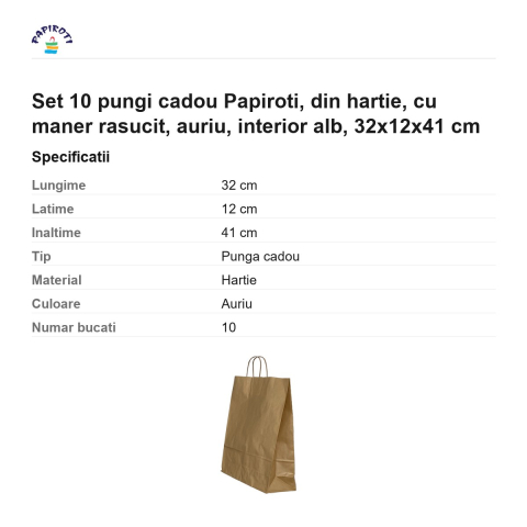 Set 10 pungi cadou Papiroti, din hartie, cu maner rasucit, auriu, interior alb, 32x12x41 cm [2]