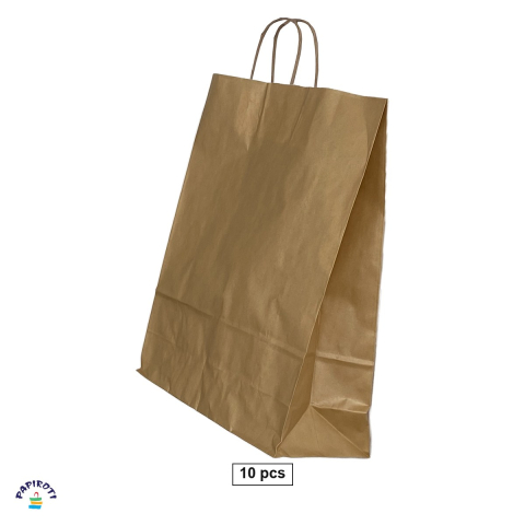 Ambalaje cadouri - Set 10 pungi cadou Papiroti, din hartie, cu maner rasucit, auriu, interior alb, 32x12x41 cm
