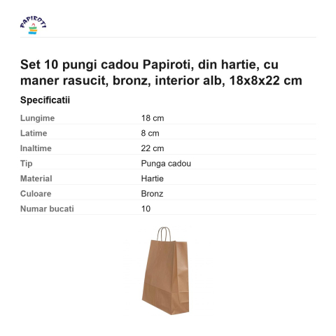 Set 10 pungi cadou Papiroti, din hartie, cu maner rasucit, bronz, interior alb, 18x8x22 cm [2]