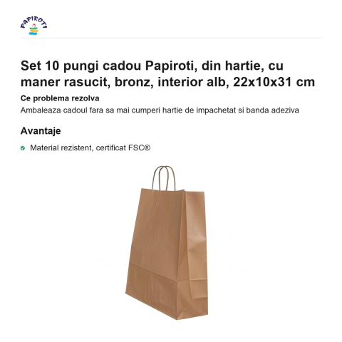 Set 10 pungi cadou Papiroti, din hartie, cu maner rasucit, bronz, interior alb, 22x10x31 cm [1]