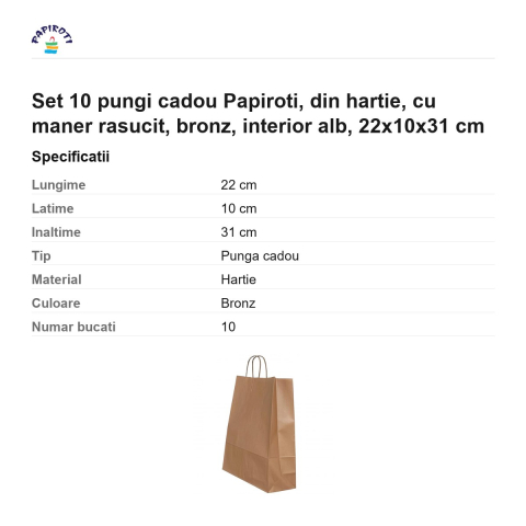 Set 10 pungi cadou Papiroti, din hartie, cu maner rasucit, bronz, interior alb, 22x10x31 cm [2]