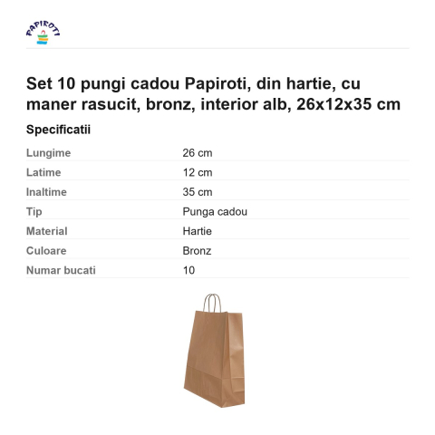 Set 10 pungi cadou Papiroti, din hartie, cu maner rasucit, bronz, interior alb, 26x12x35 cm [2]