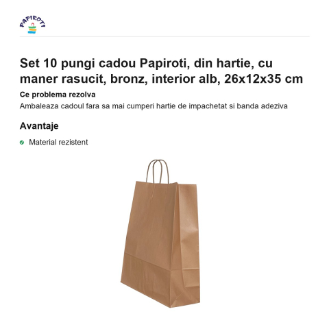 Set 10 pungi cadou Papiroti, din hartie, cu maner rasucit, bronz, interior alb, 26x12x35 cm [1]