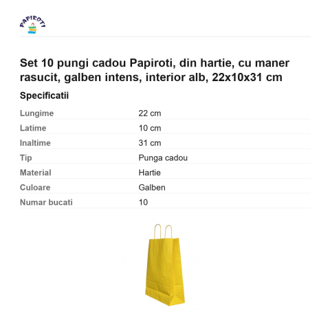 Set 10 pungi cadou Papiroti, din hartie, cu maner rasucit, galben intens, interior alb, 22x10x31 cm [2]