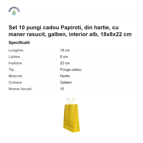 Set 10 pungi cadou Papiroti, din hartie, cu maner rasucit, galben, interior alb, 18x8x22 cm [2]