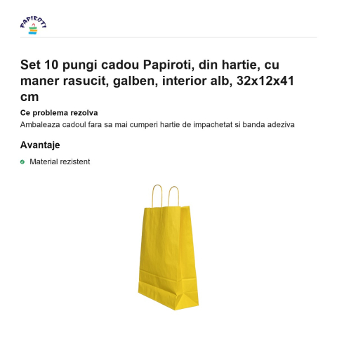 Set 10 pungi cadou Papiroti, din hartie, cu maner rasucit, galben, interior alb, 32x12x41 cm [1]