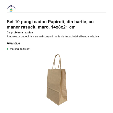 Set 10 pungi cadou Papiroti, din hartie, cu maner rasucit, maro, 14x8x21 cm [1]