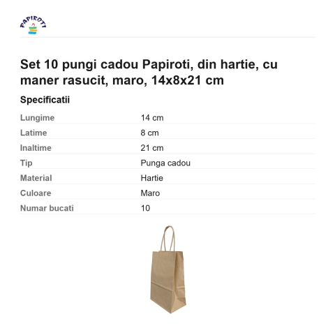 Set 10 pungi cadou Papiroti, din hartie, cu maner rasucit, maro, 14x8x21 cm [2]