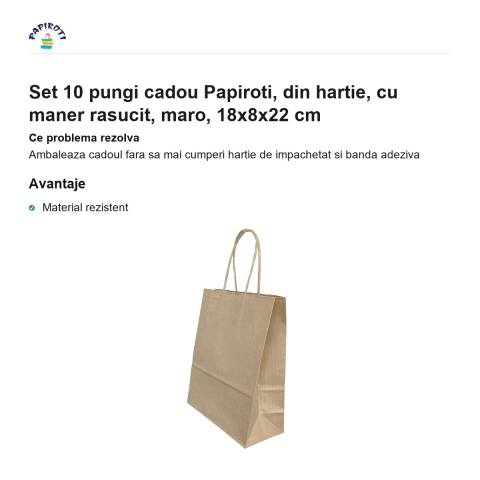 Set 10 pungi cadou Papiroti, din hartie, cu maner rasucit, maro, 18x8x22 cm [1]