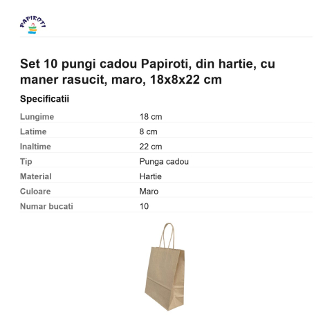 Set 10 pungi cadou Papiroti, din hartie, cu maner rasucit, maro, 18x8x22 cm [2]