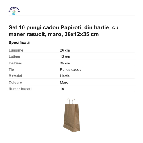 Set 10 pungi cadou Papiroti, din hartie, cu maner rasucit, maro, 26x12x35 cm [2]