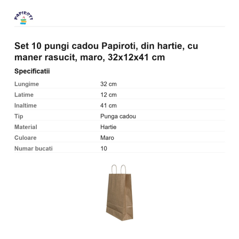 Set 10 pungi cadou Papiroti, din hartie, cu maner rasucit, maro, 32x12x41 cm [2]