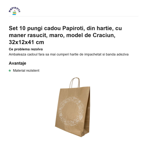Set 10 pungi cadou Papiroti, din hartie, cu maner rasucit, maro, model de Craciun, 32x12x41 cm [1]