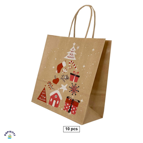 Ambalaje cadouri - Set 10 pungi cadou Papiroti, din hartie, cu maner rasucit, maro, model de Craciun cu copac, 22x10x31 cm