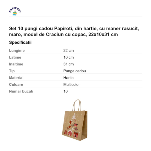 Set 10 pungi cadou Papiroti, din hartie, cu maner rasucit, maro, model de Craciun cu copac, 22x10x31 cm [2]