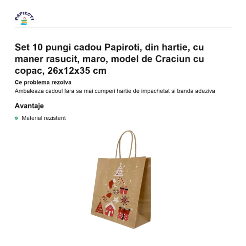 Set 10 pungi cadou Papiroti, din hartie, cu maner rasucit, maro, model de Craciun cu copac, 26x12x35 cm [1]