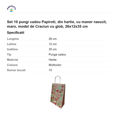 Set 10 pungi cadou Papiroti, din hartie, cu maner rasucit, maro, model de Craciun cu glob, 26x12x35 cm [2]