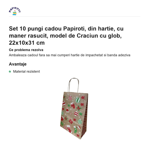 Set 10 pungi cadou Papiroti, din hartie, cu maner rasucit, model de Craciun cu glob, 22x10x31 cm [1]