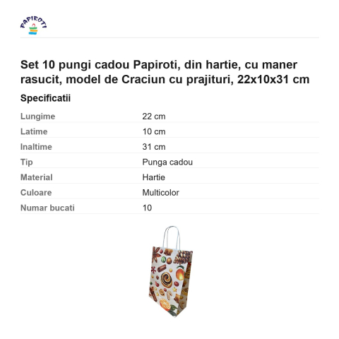 Set 10 pungi cadou Papiroti, din hartie, cu maner rasucit, model de Craciun cu prajituri, 22x10x31 cm [2]