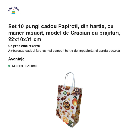 Set 10 pungi cadou Papiroti, din hartie, cu maner rasucit, model de Craciun cu prajituri, 22x10x31 cm [1]