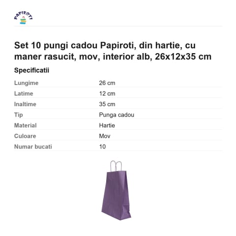 Set 10 pungi cadou Papiroti, din hartie, cu maner rasucit, mov, interior alb, 26x12x35 cm [2]