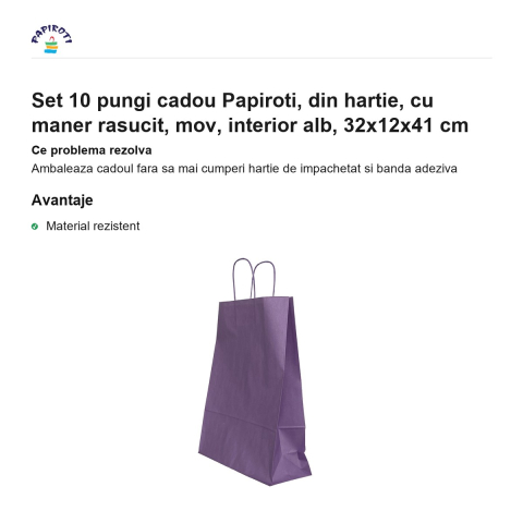 Set 10 pungi cadou Papiroti, din hartie, cu maner rasucit, mov, interior alb, 32x12x41 cm [1]