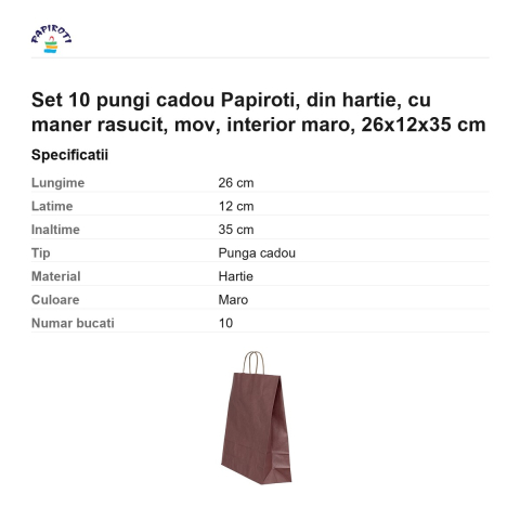 Set 10 pungi cadou Papiroti, din hartie, cu maner rasucit, mov, interior maro, 26x12x35 cm [2]