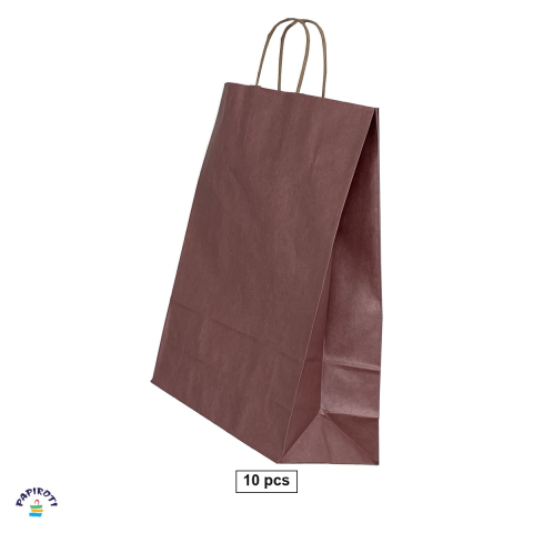 Ambalaje cadouri - Set 10 pungi cadou Papiroti, din hartie, cu maner rasucit, mov, interior maro, 26x12x35 cm