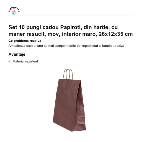 Set 10 pungi cadou Papiroti, din hartie, cu maner rasucit, mov, interior maro, 26x12x35 cm [1]