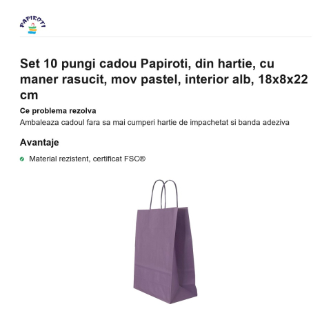 Set 10 pungi cadou Papiroti, din hartie, cu maner rasucit, mov pastel, interior alb, 18x8x22 cm [1]