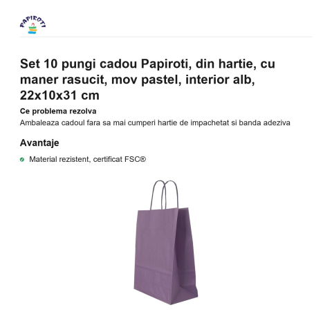 Set 10 pungi cadou Papiroti, din hartie, cu maner rasucit, mov pastel, interior alb, 22x10x31 cm [1]