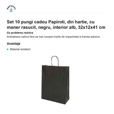 Set 10 pungi cadou Papiroti, din hartie, cu maner rasucit, negru, interior alb, 32x12x41 cm [1]