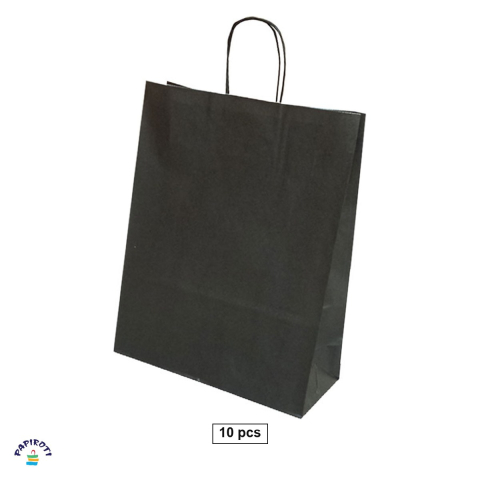 Ambalaje cadouri - Set 10 pungi cadou Papiroti, din hartie, cu maner rasucit, negru, interior alb, 32x12x41 cm