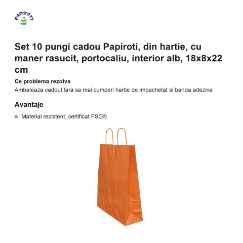Set 10 pungi cadou Papiroti, din hartie, cu maner rasucit, portocaliu, interior alb, 18x8x22 cm [1]