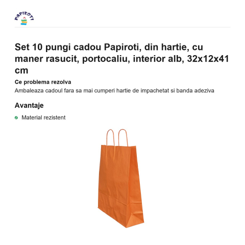 Set 10 pungi cadou Papiroti, din hartie, cu maner rasucit, portocaliu, interior alb, 32x12x41 cm [1]
