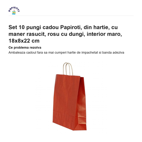 Set 10 pungi cadou Papiroti, din hartie, cu maner rasucit, rosu cu dungi, interior maro, 18x8x22 cm [1]