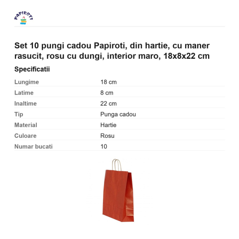 Set 10 pungi cadou Papiroti, din hartie, cu maner rasucit, rosu cu dungi, interior maro, 18x8x22 cm [2]
