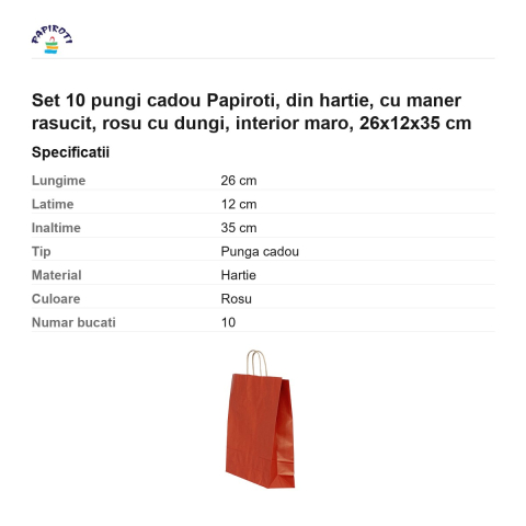 Set 10 pungi cadou Papiroti, din hartie, cu maner rasucit, rosu cu dungi, interior maro, 26x12x35 cm [2]