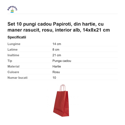 Set 10 pungi cadou Papiroti, din hartie, cu maner rasucit, rosu, interior alb, 14x8x21 cm [2]