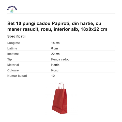 Set 10 pungi cadou Papiroti, din hartie, cu maner rasucit, rosu, interior alb, 18x8x22 cm [2]