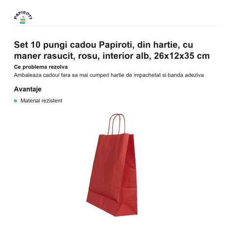 Set 10 pungi cadou Papiroti, din hartie, cu maner rasucit, rosu, interior alb, 26x12x35 cm [1]
