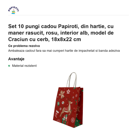 Set 10 pungi cadou Papiroti, din hartie, cu maner rasucit, rosu, interior alb, model de Craciun cu cerb, 18x8x22 cm [1]