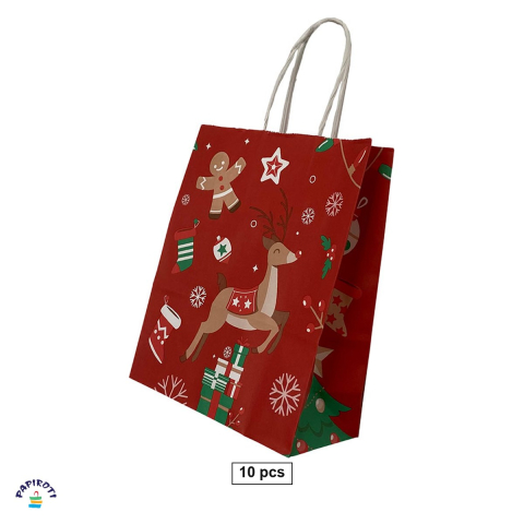 Ambalaje cadouri - Set 10 pungi cadou Papiroti, din hartie, cu maner rasucit, rosu, interior alb, model de Craciun cu cerb, 22x10x31 cm