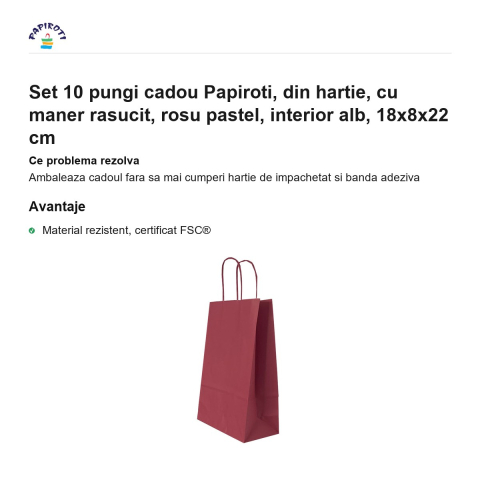 Set 10 pungi cadou Papiroti, din hartie, cu maner rasucit, rosu pastel, interior alb, 18x8x22 cm [1]